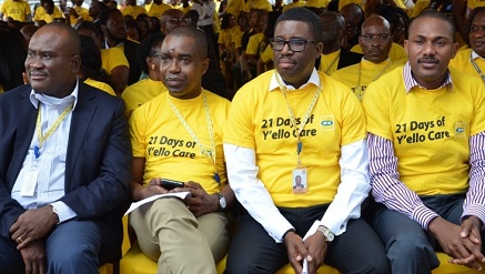 (L-r): Michael Ikpoki, CEO, Akinwale Goodluck, corporate services executive, Tsola Barrow, sales and distribution executive and  Olubayo Adekanmbi, chief marketing officer all of MTN Nigeria at the opening ceremony of 21 Days of Y’ello Care, 2015 Edition tagged, ‘Investing in Education for All’ at MTN head office, Falomo, Ikoyi on Monday.